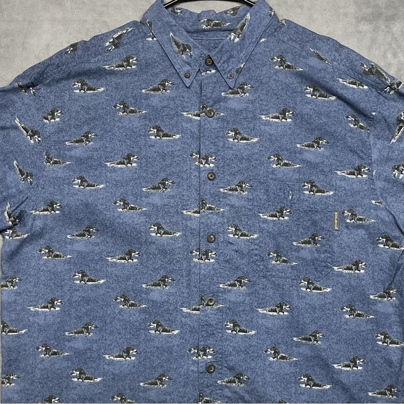 Woolrich Short Sleeve Button Down Shirt AOP Bird Dog Hunting Mens XL Blue - Picture 1 of 8